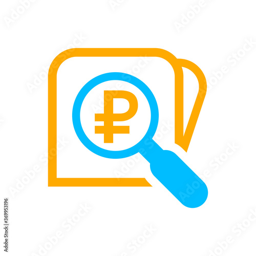 magnifying glass with ruble currency money search icon, russia ruble coin with magnifying glass for button app, research icon blue on orange wallet, ruble money in search symbol isolated on white
