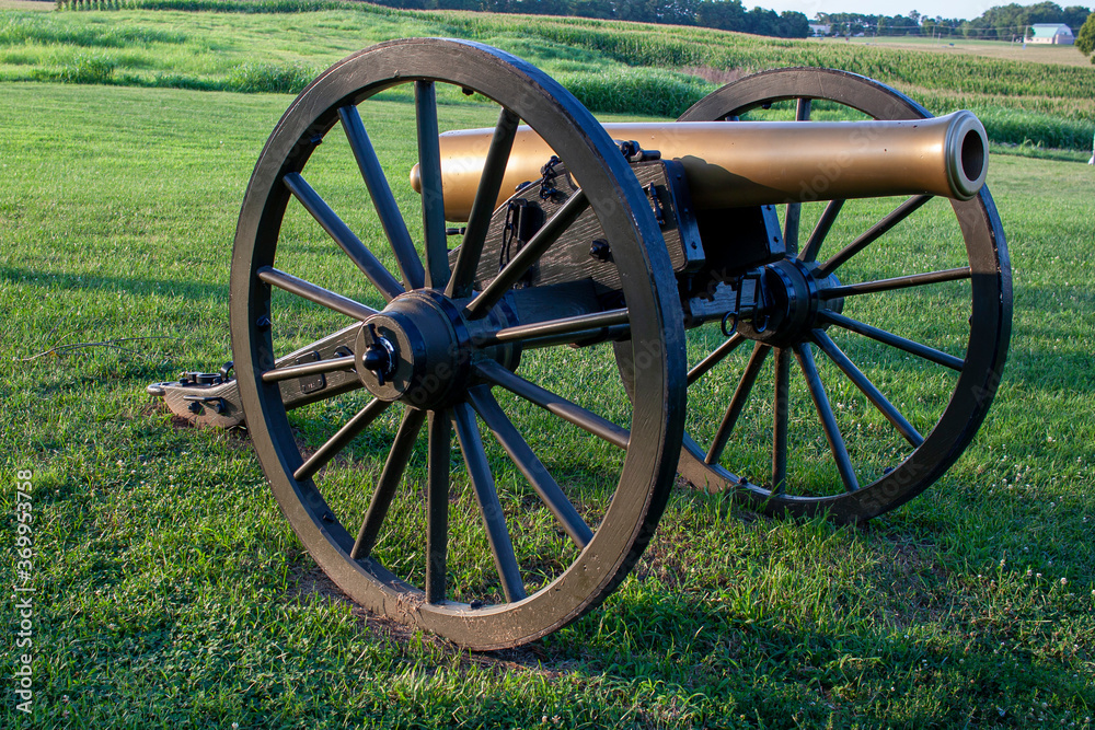  Close up selective focus image  of a civil war era Howitzer M1841 12 pounder field cannon located at the Monocacy Battlefield where union and confederate armies fought in 1864.