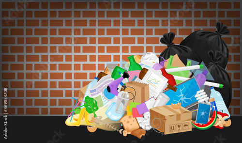 pile garbage waste plastic many at brick wall, stack garbage plastic and paper many dump, different types waste (organic, plastic, glass, metal, paper and electronic e-waste), pollution garbage waste