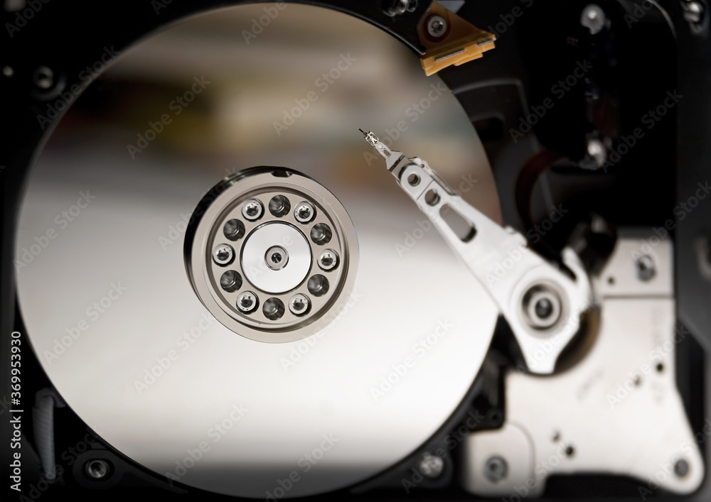 Inside of the open computer hard drive Inside of the open computer hard drive