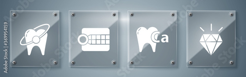 Set Diamond teeth, Calcium for tooth, Dentures model and Tooth whitening concept. Square glass panels. Vector.