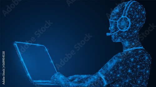 A person works on a laptop. Social remote employment. Software and computer graphics development. Polygonal design. Blue background.
