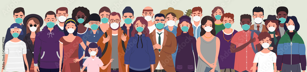 Group of people wearing protective medical masks for protection from virus. Prevention and safety procedures concept. Flat style vector illustration 
