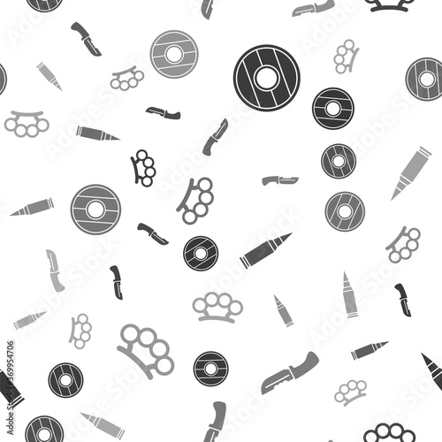 Set Round wooden shield, Military knife, Bullet and Brass knuckles on seamless pattern. Vector.
