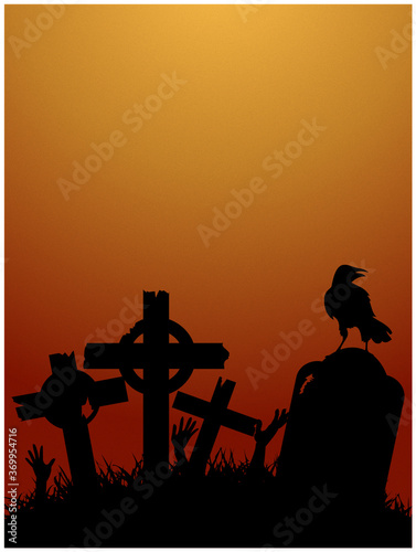 Halloween creepy background with graveyard and crow