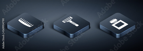 Set Isometric Hairbrush, Aftershave and Shaving razor icon. Vector.