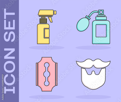 Set Mustache and beard, Hairdresser pistol spray bottle, Blade razor and Aftershave bottle with atomizer icon. Vector.