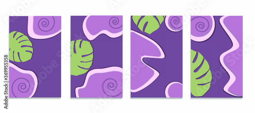 Social media stories backgrounds with abstract patterns and tropic leaves. Violet, pink and green colors. Design for flyer, poster and card. Set of vector backdrops for presentation.