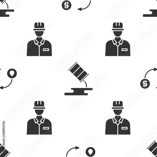 Set Oil exchange, Barrel oil leak and Oilman on seamless pattern. Vector.