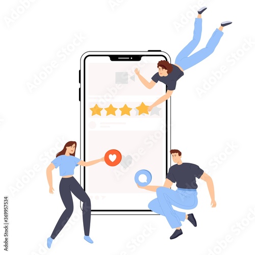 Social media marketing mobile phone concept. Young people react to content on the phone, put likes, comments, and raise their ratings.
