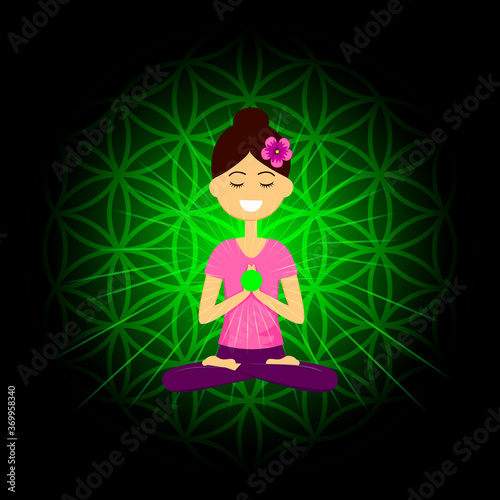 Cartoon character smiling woman is sitting in lotus position with namaste hands. Anahata chakra activation. Vector illustration.