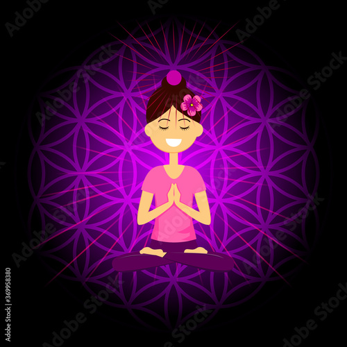 Cartoon character smiling woman is sitting in lotus position with namaste hands. Sahasrara chakra activation. Vector illustration.