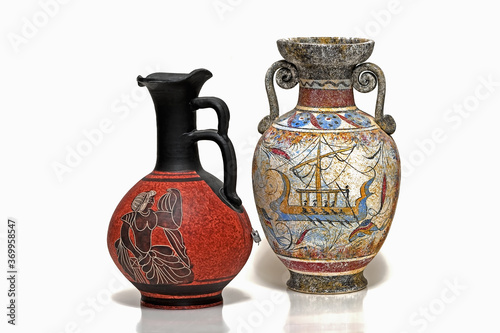 Isolated view to the most common greek souvenirs, the ceramic jugs