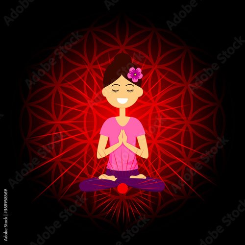 Cartoon character smiling woman is sitting in lotus position with namaste hands. Muladhara chakra activation. Vector illustration.