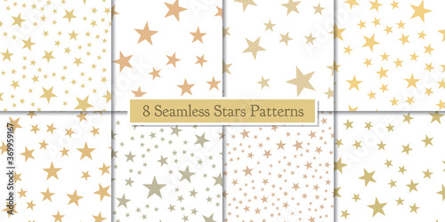 Eight seamless patterns with golden sparkle stars. Repeating texture for print on fabric, wrapping paper, textile. Vector illustration with gold stars against white background. Easy to use collection.