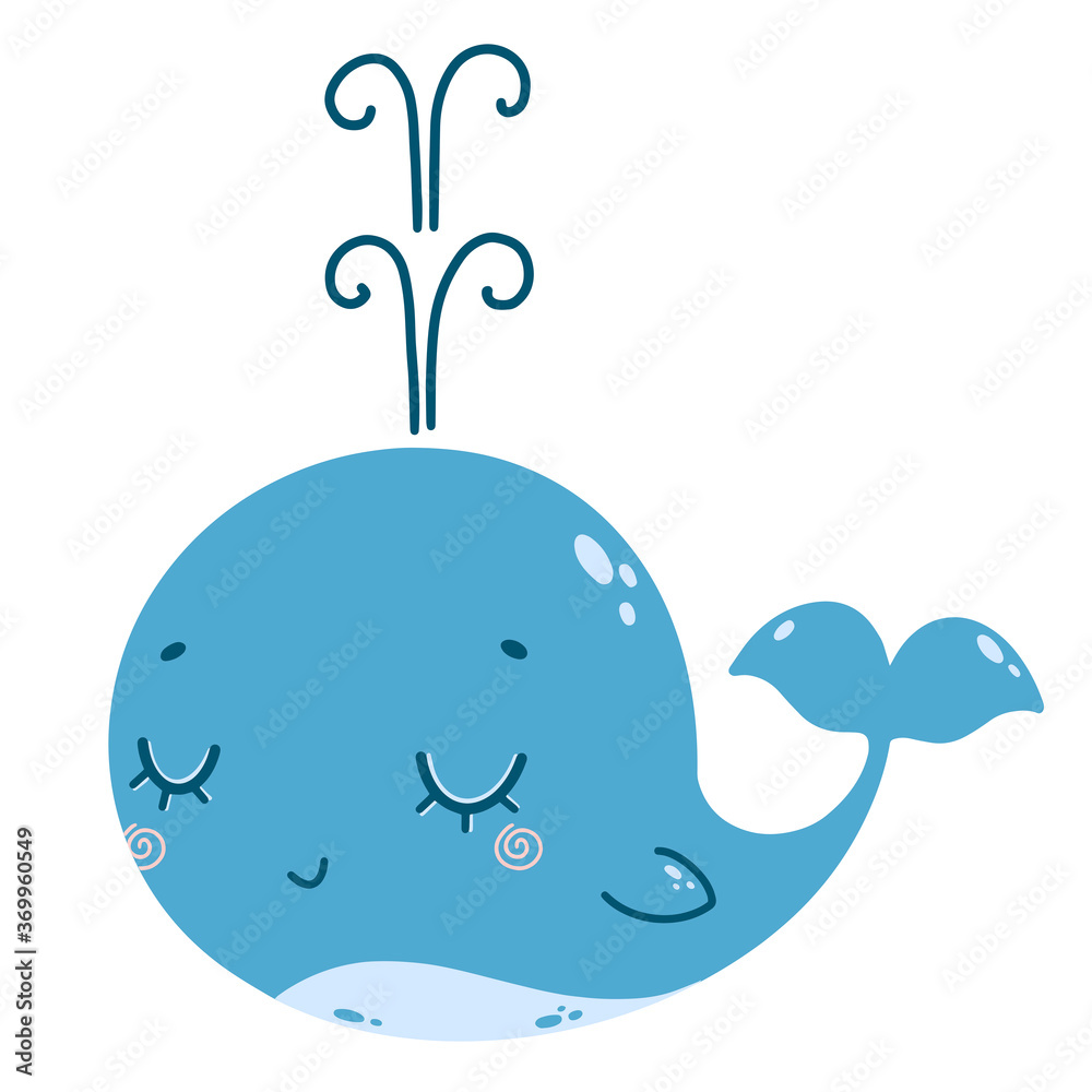 Obraz premium Flat illustration of cute cartoon blue whale with fountain. Color illustration of a whale in doodle style.