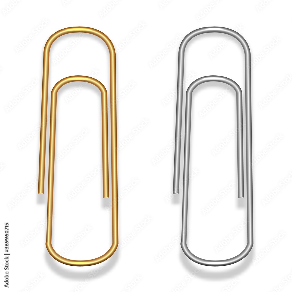 Paper clips made of metal wire in gold and silver colors. Stationery. 3D realistic illustration. Isolated on white background. Vector. Paper clips made of metal wire in gold and silver colors. Stationery. 3D realistic illustration. Isolated on white background. Vector.