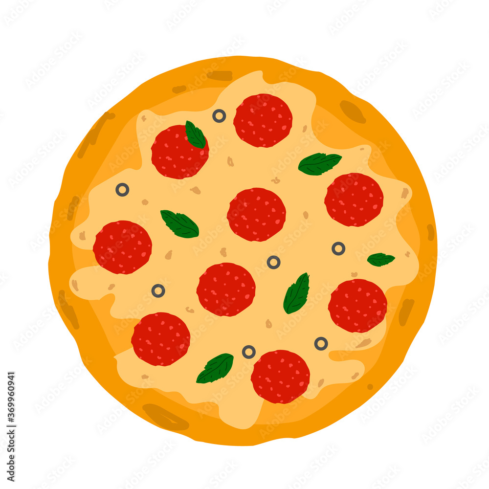 Pizza with salami, basil, olives, mozzarella and cheese. Vector isolated icon on white background. Pizza with salami, basil, olives, mozzarella and cheese. Vector isolated icon on white background.