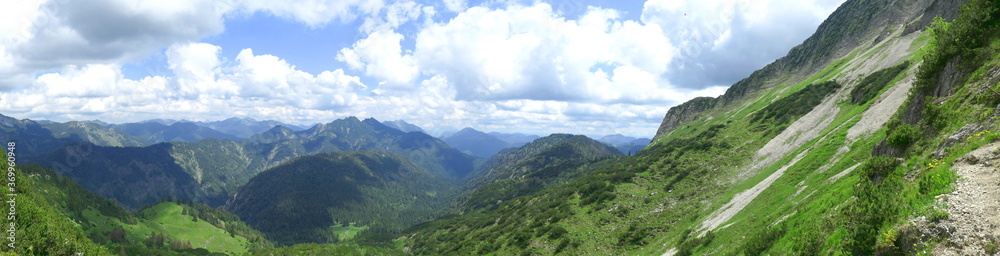 wide angle panorama of halserspitz and tegernsee mountains