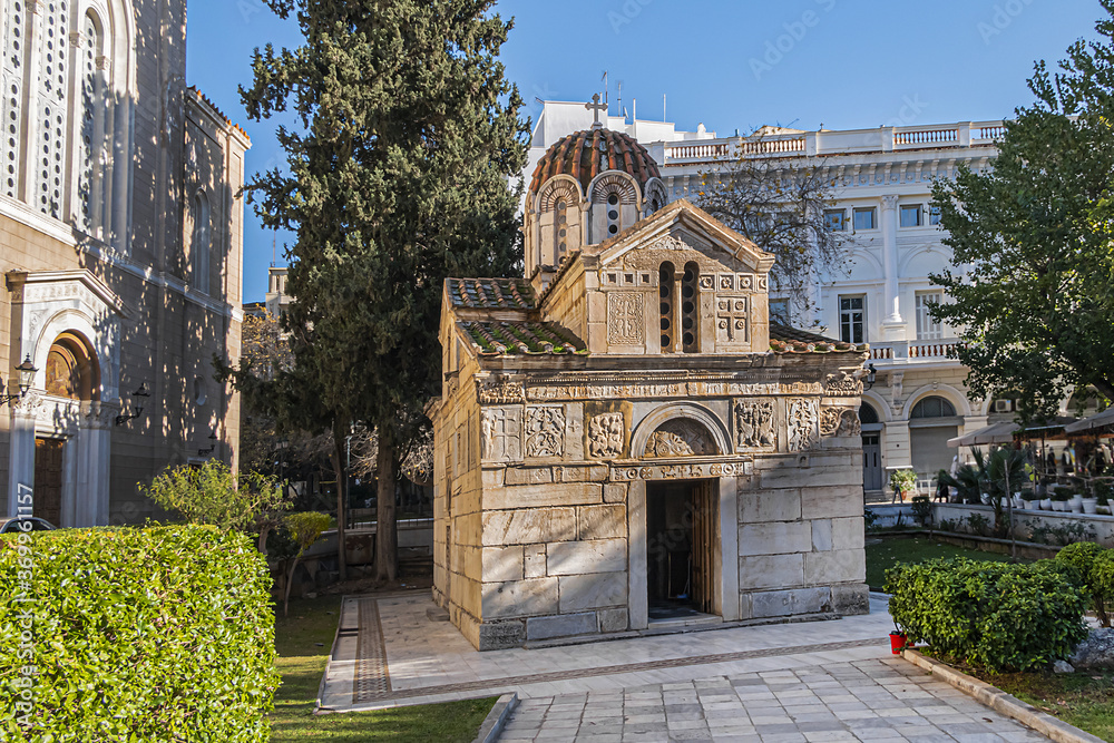 Byzantine style Church of Panagia Gorgoepikoos or Agios Eleftherios (Our Lady Who Grants Wishes Fast, XII century) in the heart of Athens at 8 Mitropoleos Square. Athens, Greece.