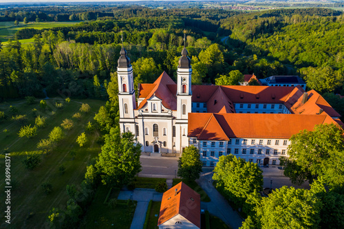 Aerial view in the evening, Irsee, Benedictine monastery in Irsee, Diocese of Augsburg, Bavaria, Germany,