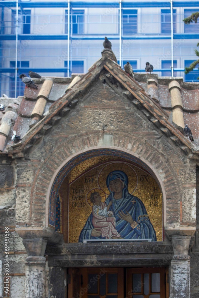 Detail of the Mosaic of the Madonna and child at the south portico of Kapnikarea church in Athens