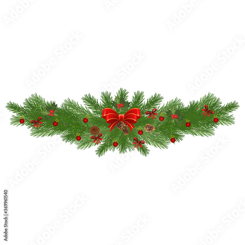 Christmas garland with fir branches and cones. Set of green Christmas tree branches. Vector illustration