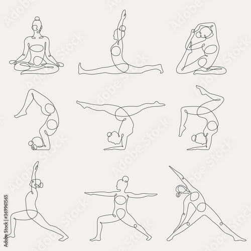 Different yoga poses continuous one line vector illustration.