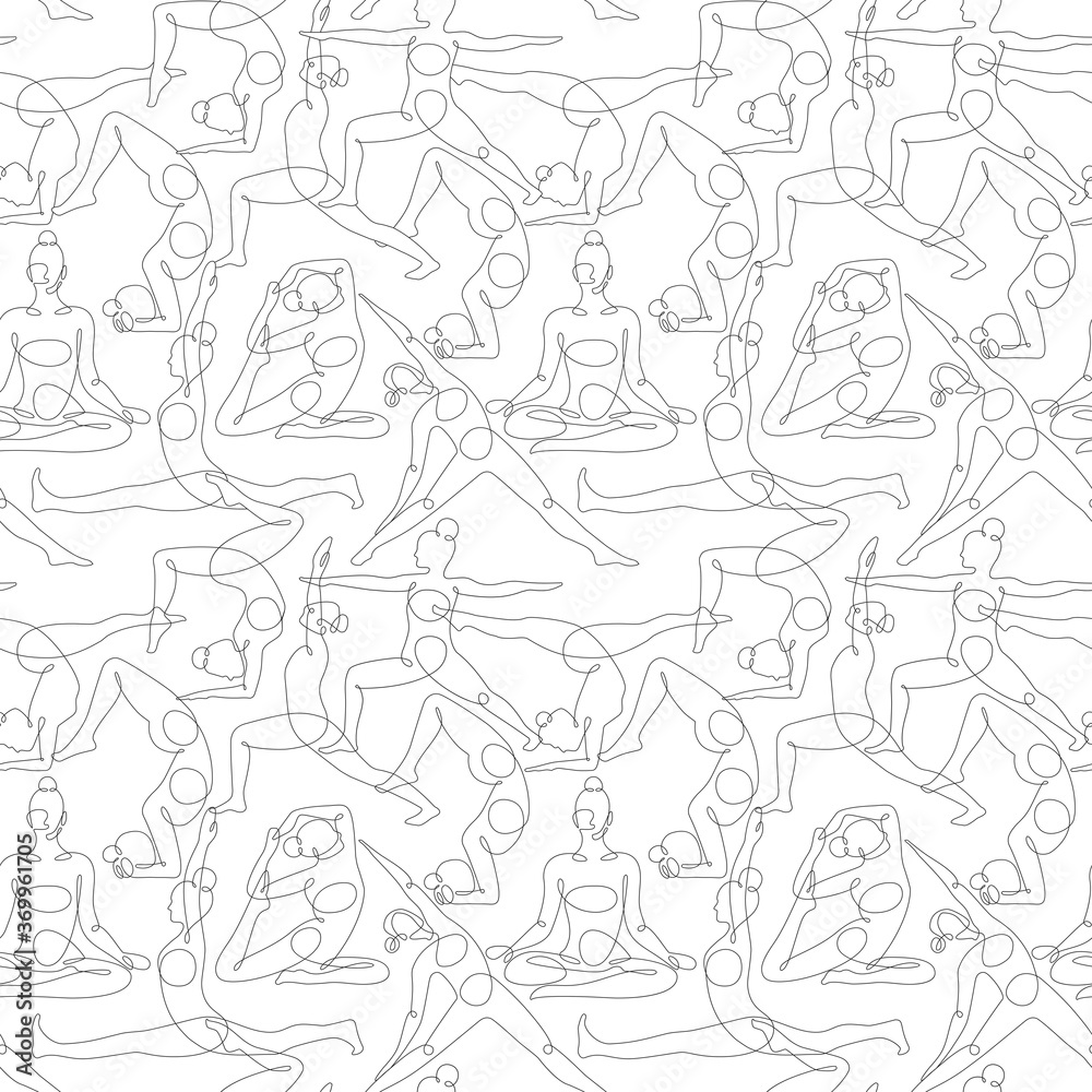 Seamless pattern with different yoga poses continuous one line vector illustration.