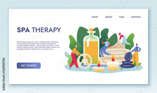 Spa Therapy Landing Page. Tiny Male and Female Characters among SPA Accessories. Bottle Oil Stones Towel Candles Washcloth Web Page Banner. Cartoon Flat Character Vector Illustration