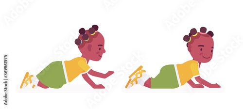 Toddler child, black little girl enjoying crawling. Cute sweet happy healthy baby aged 12 to 36 months, wearing comfortable summer outfits, kid clothes. Vector flat style cartoon illustration