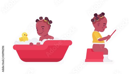 Toddler child, black little girl enjoying bath time, on a potty sitting with tablet device. Cute sweet happy healthy baby aged 12 to 36 months. Vector flat style cartoon illustration