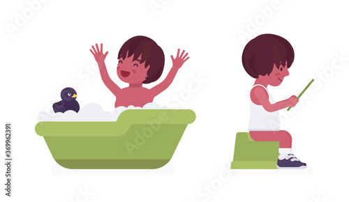 Toddler child, black little boy enjoying bath time, on a potty sitting with tablet device. Cute sweet happy healthy baby aged 12 to 36 months. Vector flat style cartoon illustration