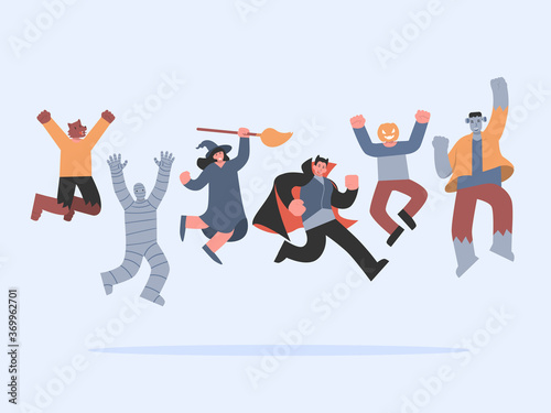 People group in Halloween fancy clothes jumping in the air for holiday celebrations with happy. vampire, Frankenstein, mummy, witch, and werewolf in congratulation action.