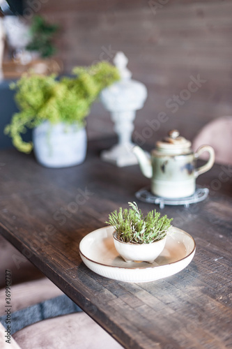 Table with a tea pot and some green plants. Beautiful Scandinavian design.