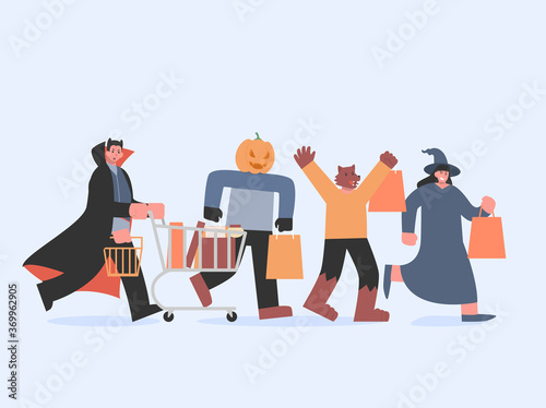 Dracula with shopping cart and witch and werewolf and pumpkin monster with bag running to shopping in Halloween tradition. Illustration about devil group in the fantasy department store concept.