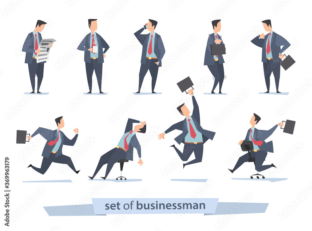 Fototapeta premium Seth of nine businessmen. Riding a chair, with mobile phone, jumping, tired, frightened, standing, running, reading a newspaper and with a cup. Vector illustration of office workers in different poses