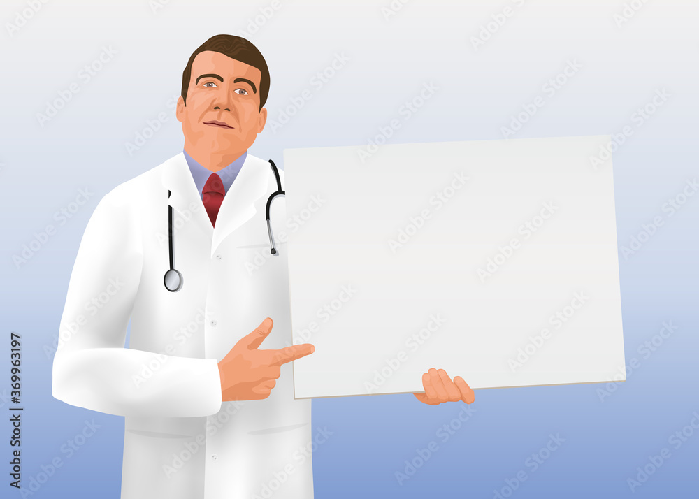 Dans un style graphique de bande dessinée, Un médecin présente une pancarte blanche pour écrire un message de santé publique ou des consignes sanitaires. Dans un style graphique de bande dessinée, Un médecin présente une pancarte blanche pour écrire un message de santé publique ou des consignes sanitaires.