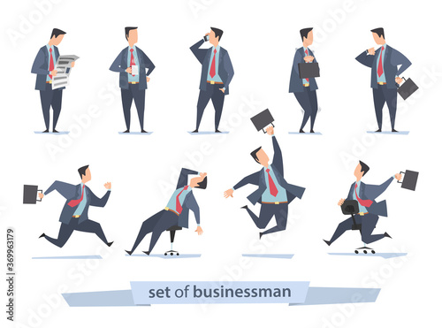 Seth of nine businessmen. Riding a chair, with mobile phone, jumping, tired, frightened, standing, running, reading a newspaper and with a cup. Vector illustration of office workers in different poses