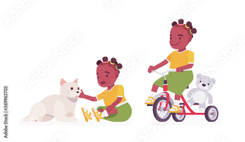 Toddler child, black little girl enjoying play with cat pet, riding tricycle. Cute sweet happy healthy baby aged 12, 36 months, wearing comfortable kid clothes. Vector flat style cartoon illustration