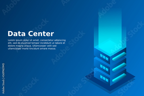 Datacenter isometric vector illustration. Abstract 3d hosting server or data center room background. Network or mainframe infrastructure website header layout. Computer storage or farming workstation.