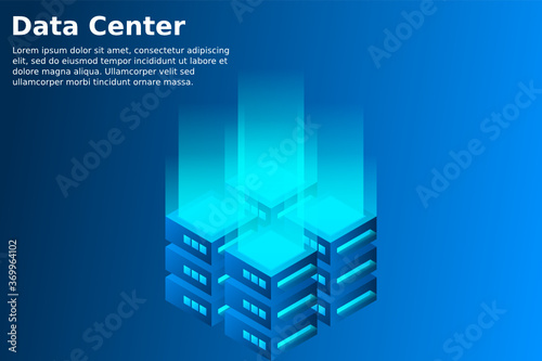Datacenter isometric vector illustration. Abstract 3d hosting server or data center room background. Network or mainframe infrastructure website header layout. Computer storage or farming workstation.