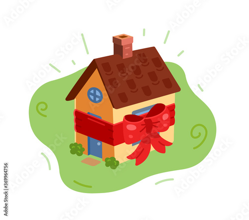 A house tied with a red ribbon as a gift. The prize is home. Vector isometric illustration.
