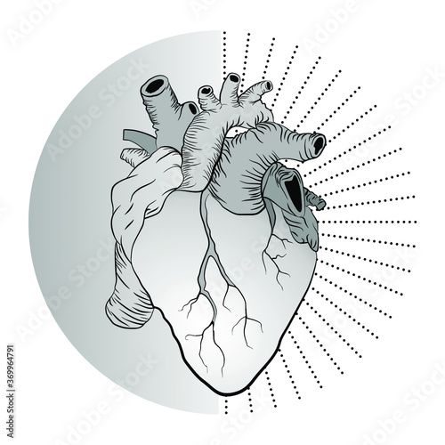 Anatomical Heart Tattoo. Modern style tattoo of heart with sun and moon isolated on white background.