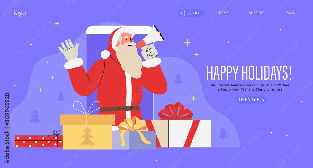 Christmas or new year web or social media banner, flyer, landing page, poster. Smartphone with santa claus shouting in loud speaker. X-mas celebration with gifts and presents. Holiday greeting.