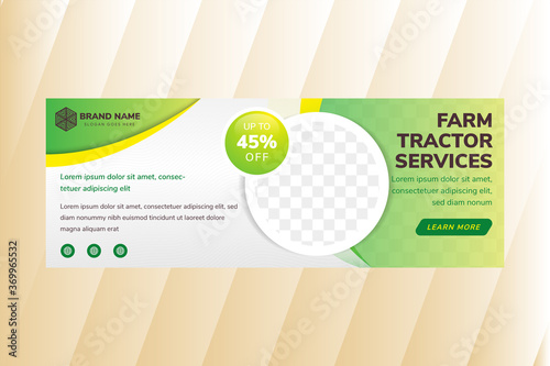 Farm Tractor Services horizontal layout banner design template. Circle space for photo collage. wave line pattern in green gradient and grey colors. 