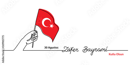 August 30 turkish Victory Day Zafer Bayrami. Simple web banner, vector background with flag and hand. One continuous line drawing with lettering Zafer Bayrami.