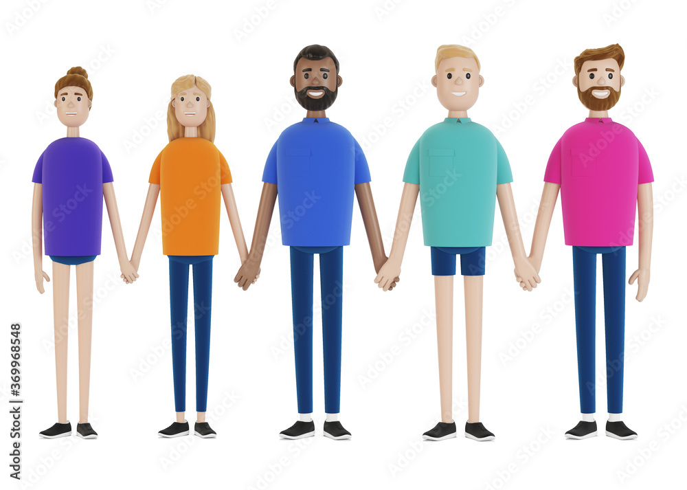 A group of people of different nationalities hold hands. Friendship concept. 3D illustration in cartoon style. A group of people of different nationalities hold hands. Friendship concept. 3D illustration in cartoon style.