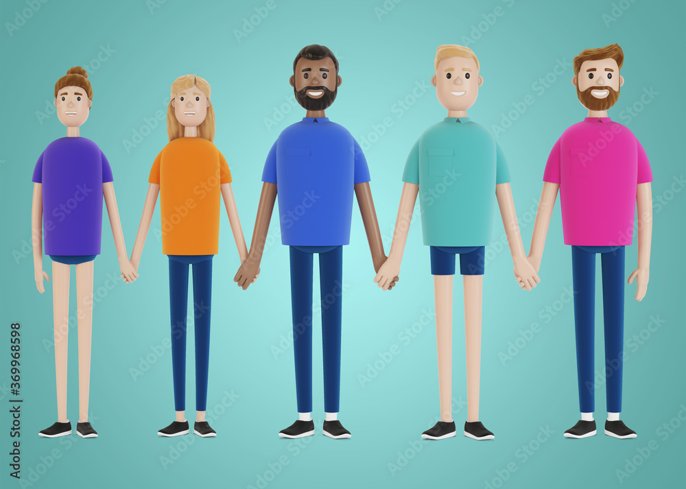 A group of people of different nationalities hold hands. Friendship concept. 3D illustration in cartoon style. A group of people of different nationalities hold hands. Friendship concept. 3D illustration in cartoon style.