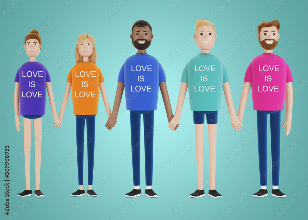 Happy people of different nationalities holding hands. LGBT community. A group of gay, lesbian, bisexual and transgender activists. 3D illustration in cartoon style. Happy people of different nationalities holding hands. LGBT community. A group of gay, lesbian, bisexual and transgender activists. 3D illustration in cartoon style.